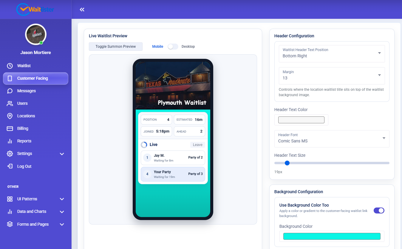 Waitlister customer-facing customization panel